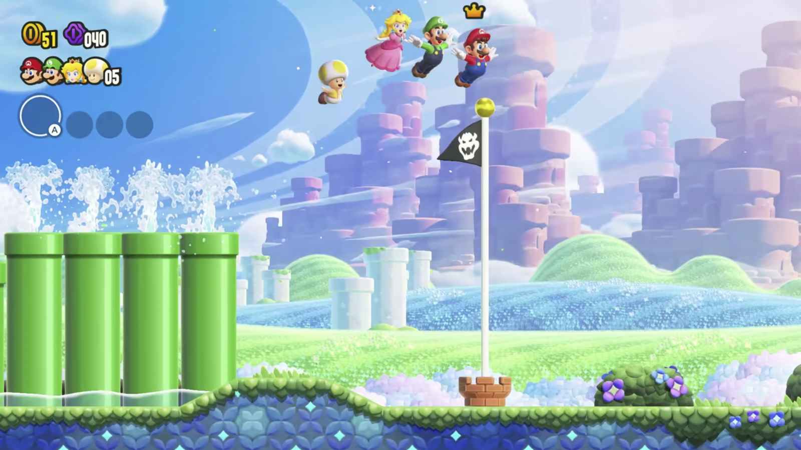 Yellow Toad, Peach, Luigi e Mario voam sobre a bandeira em Super Mario Bros.