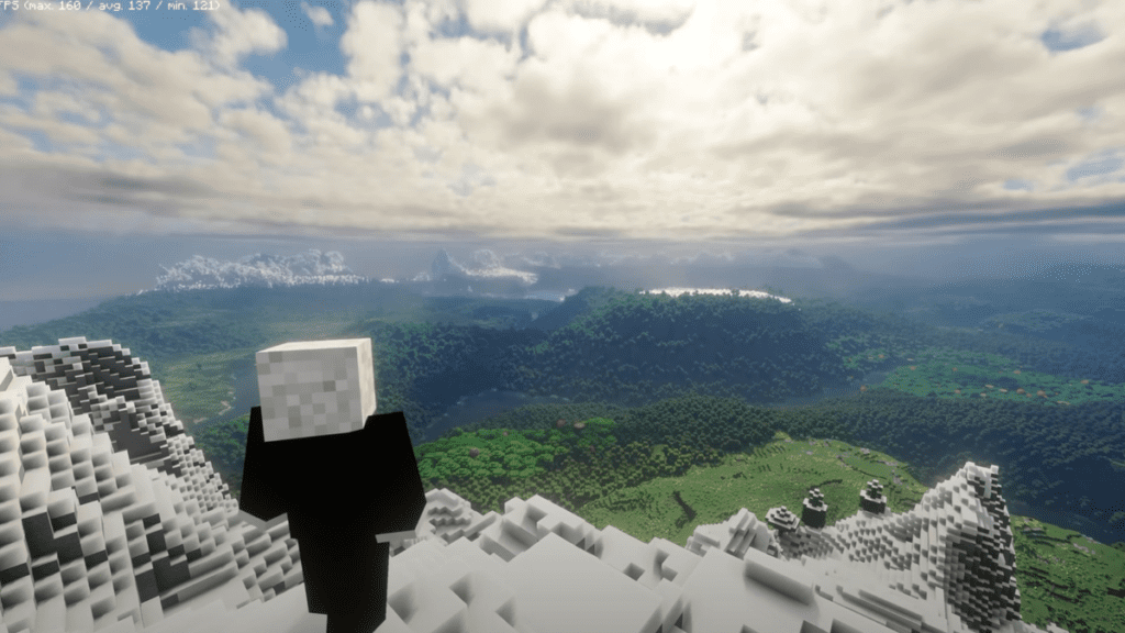 O mod Distant Horizons vai além da distância máxima de visualização do Minecraft, elevando o terreno visível para incríveis 512 blocos