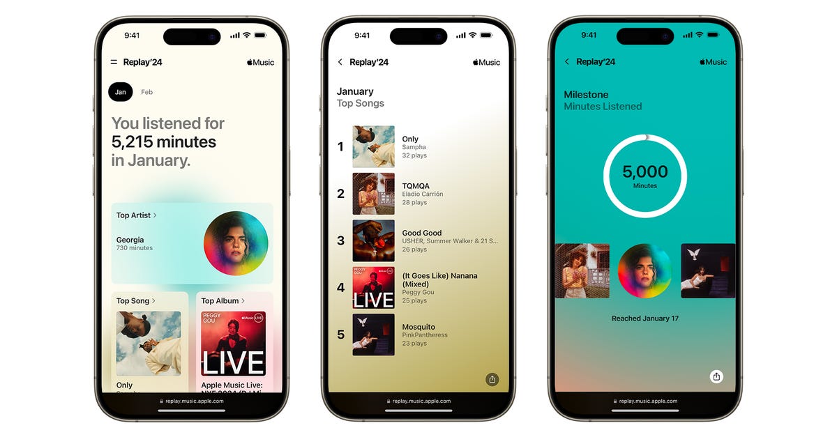 Três telas de telefone mostrando um resumo do Apple Music Replay '24