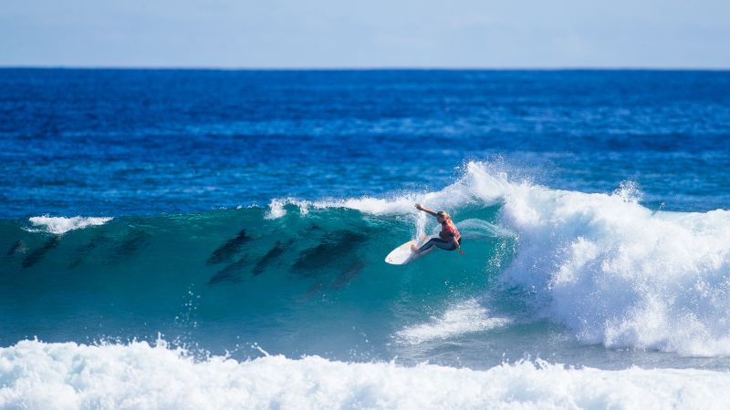 Gabriella Bryan: momento 'hipnotizante' quando a surfista compartilha uma onda com um grupo de golfinhos ao vencer seu primeiro evento do World Championship Tour