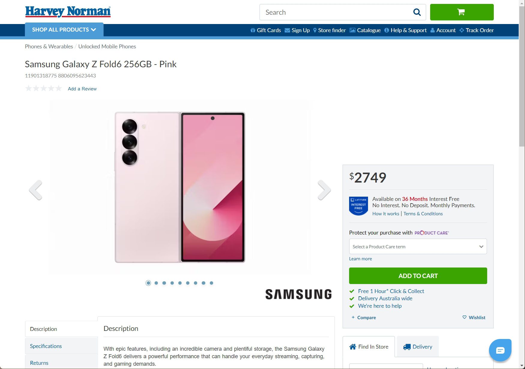 Listagem do Harvey Norman Galaxy Z Fold 6