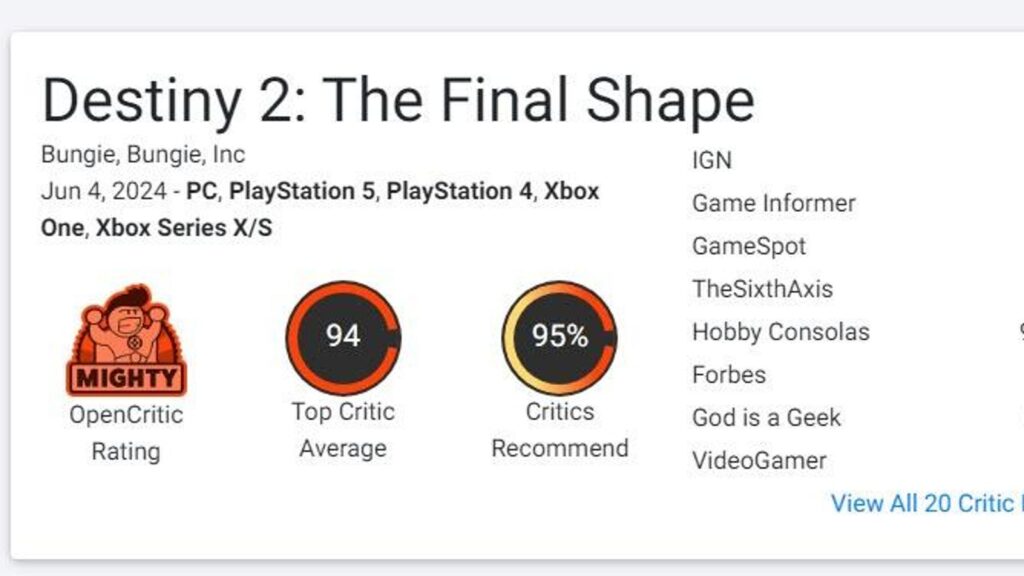 The Final Shape é o lançamento mais revisado do OpenCritic de 2024