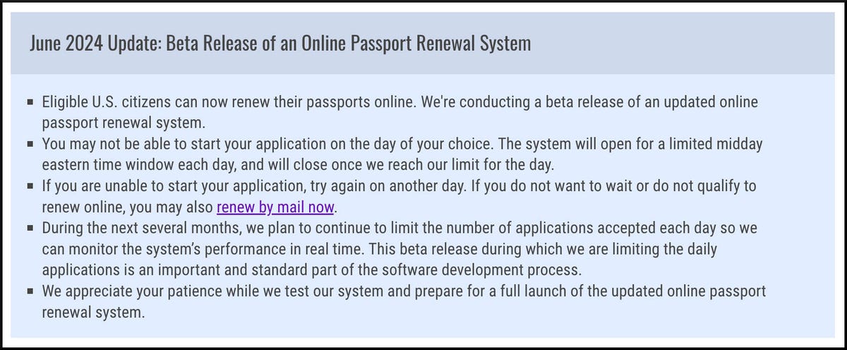 Captura de tela de um anúncio do MyTravelGov sobre o piloto do sistema online de renovação de passaporte mostrando como o programa aceitará um número limitado de candidatos por dia