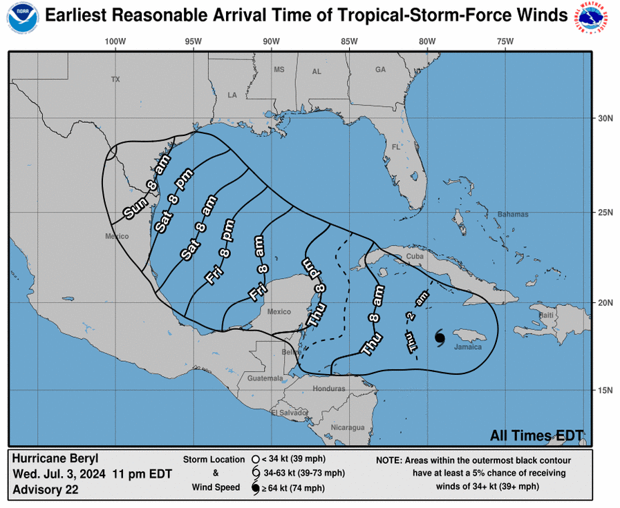 Previsão de quando chegarão fortes ventos com força de tempestade tropical do furacão Beryl