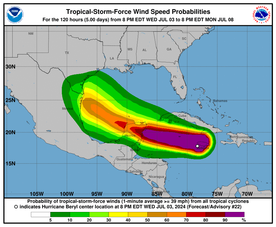 Mapa mostrando potencial eólico para o furacão Beryl