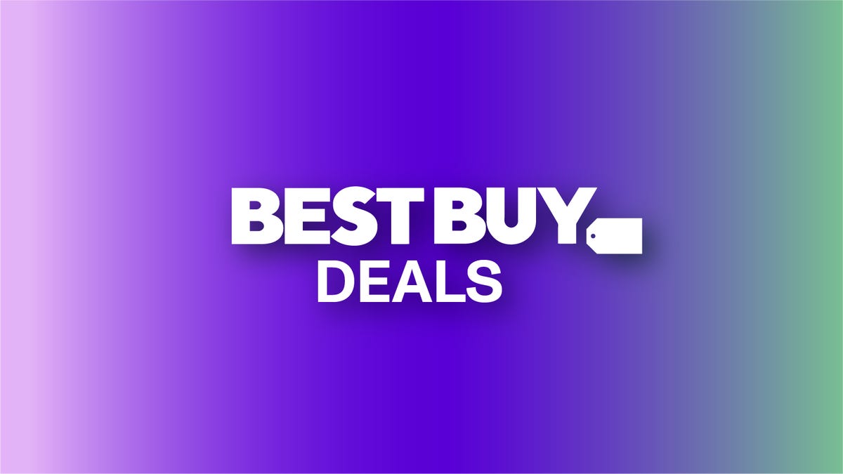 Texto de ofertas da Best Buy em um fundo gradiente roxo