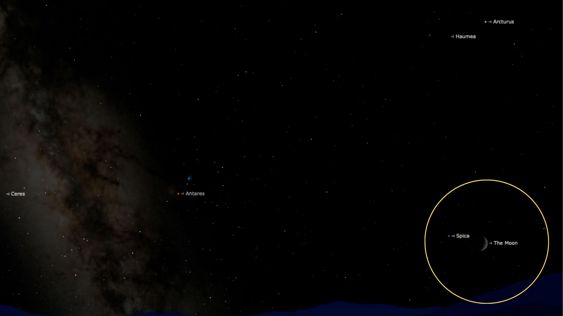 O gráfico mostra a Lua brilhando perto de Spica, com um círculo amarelo circundando o par.