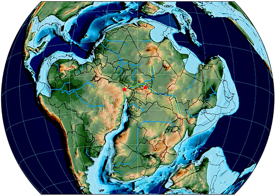 As estrelas vermelhas dentro desta imagem indicam a rota que os dinossauros seguiram quando os continentes da América do Sul e da África estavam conectados.