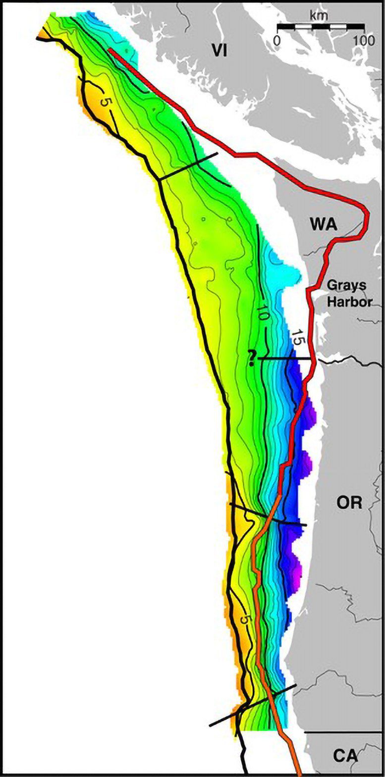 Mapa submarino da zona de subducção Cascadia