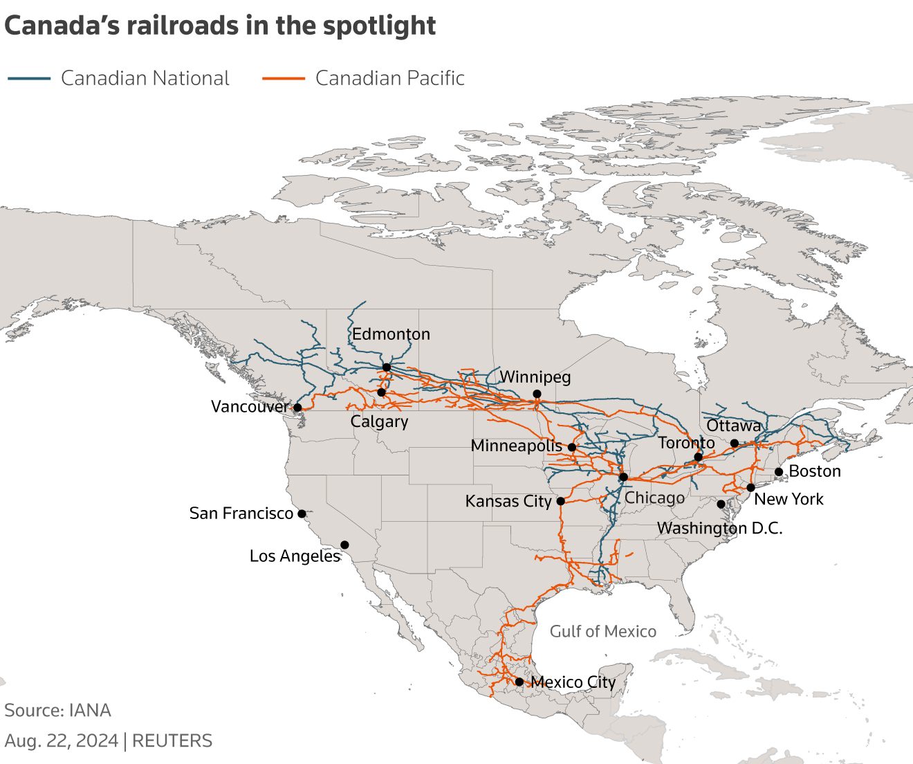 Mapa mostrando as rotas da Canadian National e da Canadian Pacific Railway